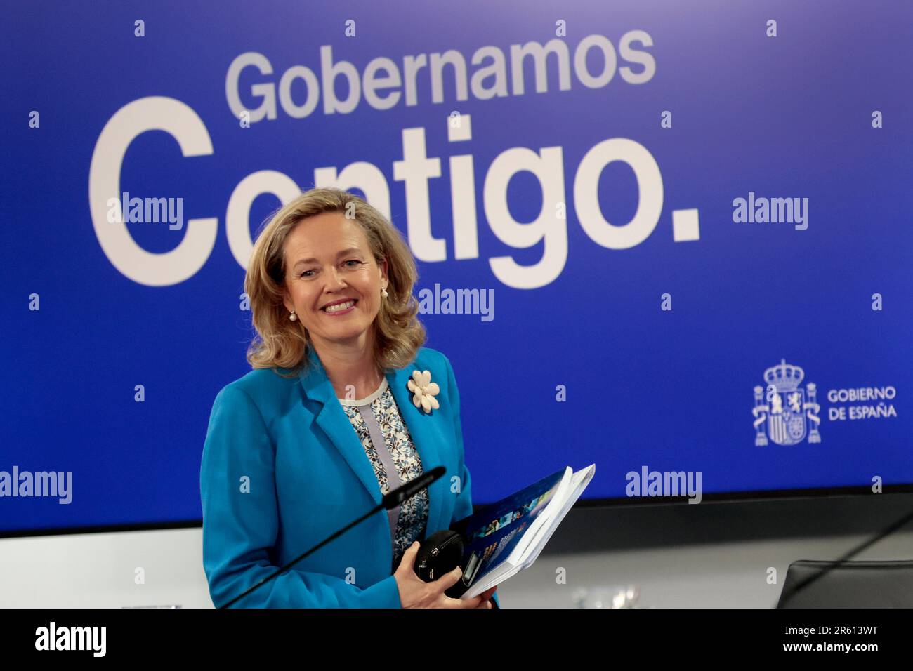 Madrid, Spagna; 06.06.2023.- il ministro Isabel Rodríguez García (C), insieme al ministro dell'Economia Nadia Calviño (L) e al ministro della Presidenza spagnola Félix Bolaños (R), in conferenza stampa dopo che il Consiglio dei ministri ha annunciato l'approvazione di un addendum alla ripresa, Piano di trasformazione e resilienza con il quale la Spagna riceverà un totale di 7.700 milioni di euro aggiuntivi, più 2.644 milioni di euro attraverso il programma REpowerEU e fino a 84.000 milioni di euro di prestiti, che consentirà di stabilire una rete di sicurezza e prolungare l'attuale ciclo di investimenti Foto Stock