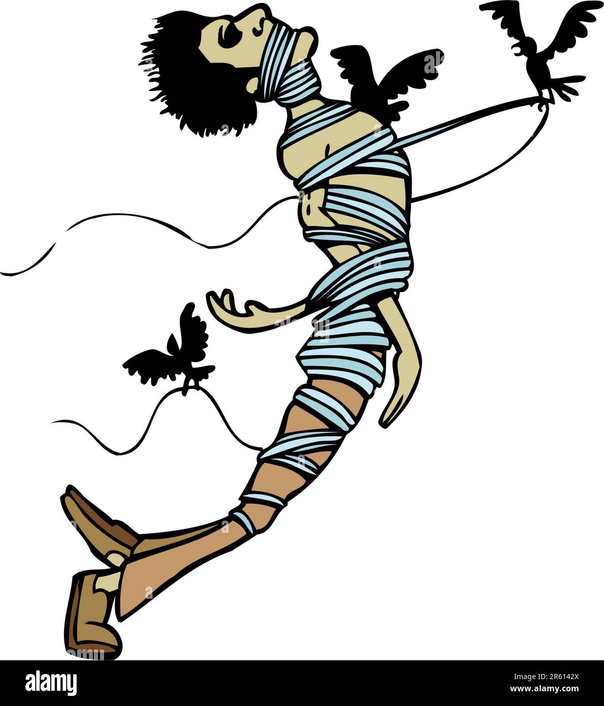 Uomo legato da uccelli che usano il filo metallico. Illustrazione Vettoriale