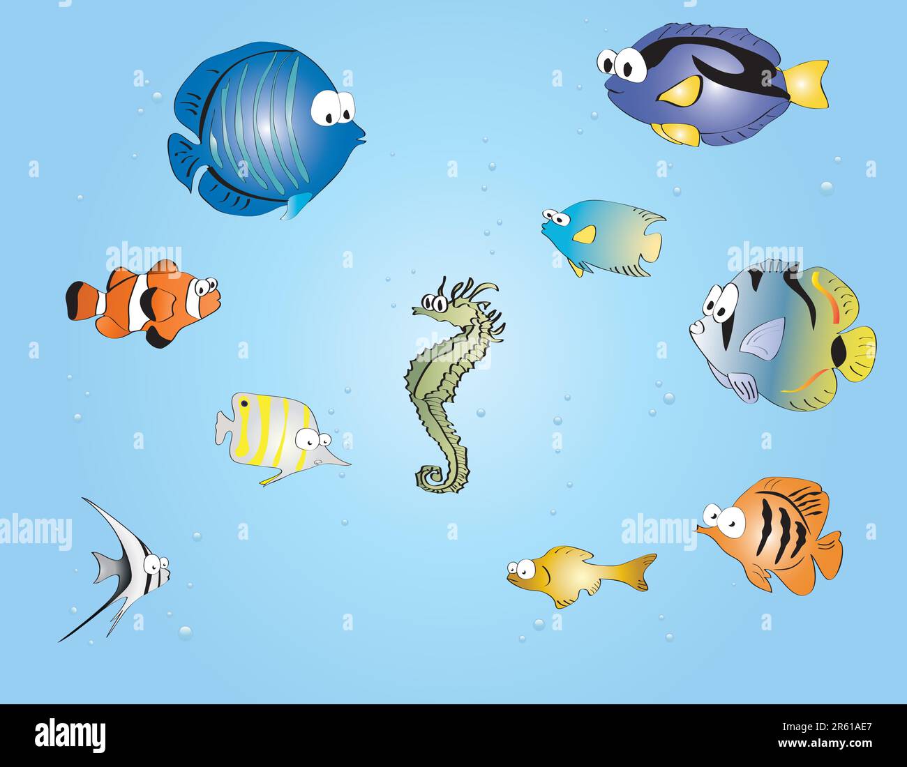 Pesci; tropicali; mare; pesci pagliaccio; cartoni animati; Vita marina; personaggi Illustrazione Vettoriale