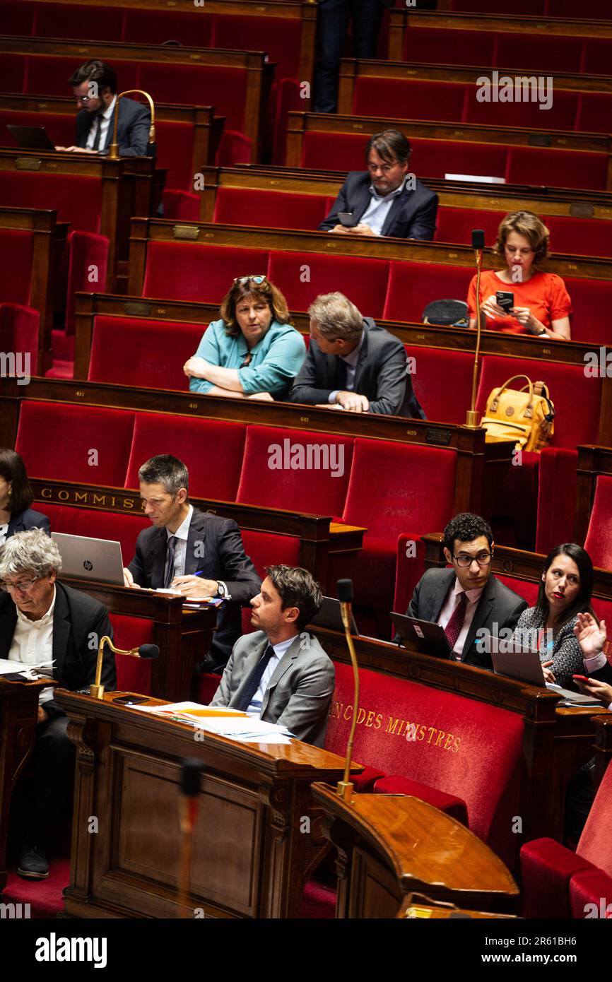 Parigi, Francia. 05th giugno, 2023. Ministro dei conti pubblici, Gabriel Attal, visto durante la sessione dell'Assemblea Nazionale. L'Assemblea nazionale ha poi respinto il progetto di regolamento di bilancio e l'approvazione dei conti per gli anni 2021 e 2022 a Palais Bourbon. (Foto di Telmo Pinto/SOPA Images/Sipa USA) Credit: Sipa USA/Alamy Live News Foto Stock