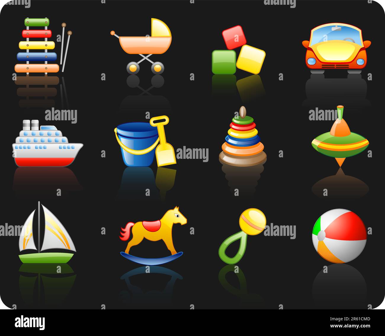 Icone impostate su un tema Toys_Black background Illustrazione Vettoriale