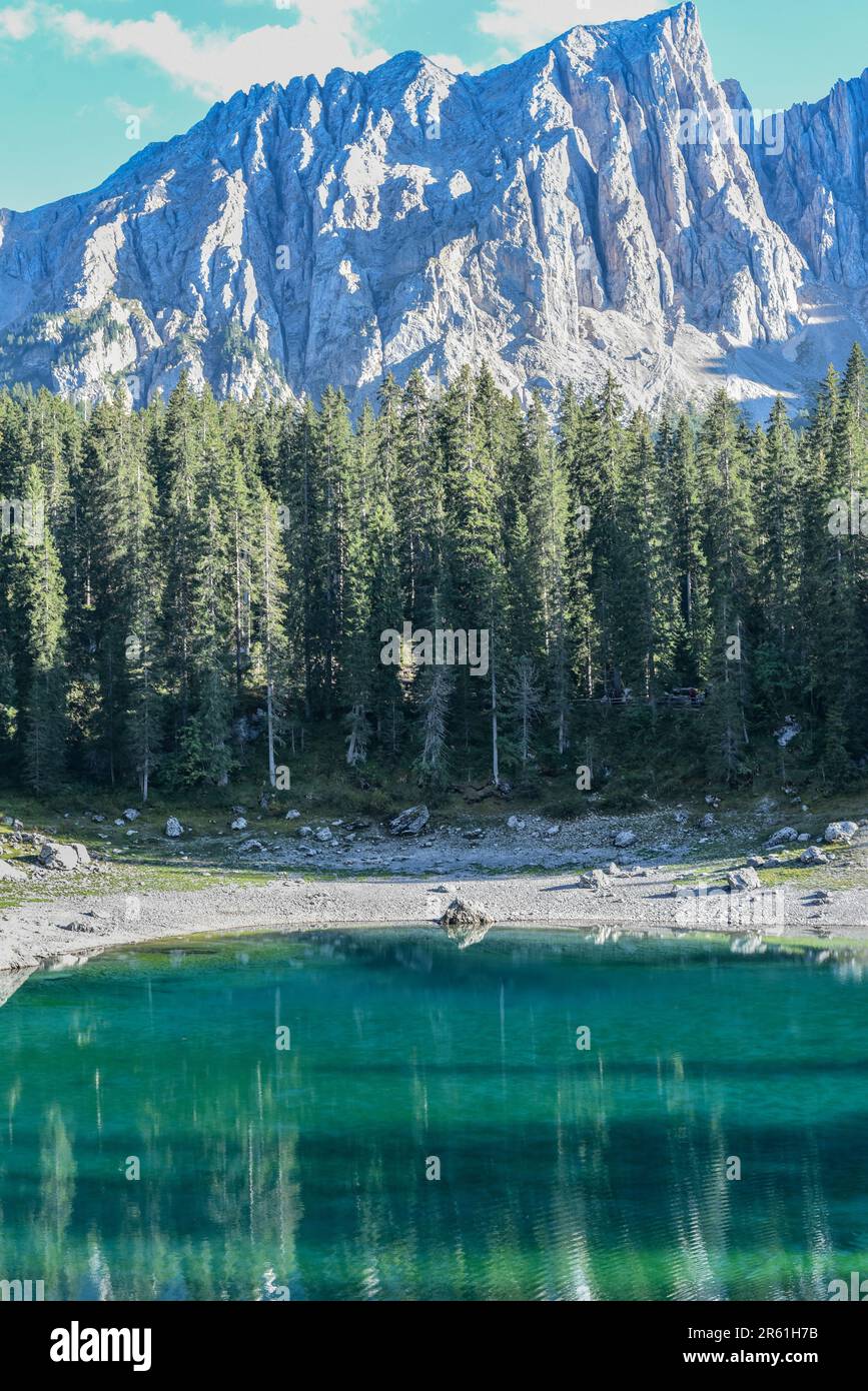 Un vasto paesaggio montano con lussureggianti alberi sempreverdi e un lago tranquillo Foto Stock