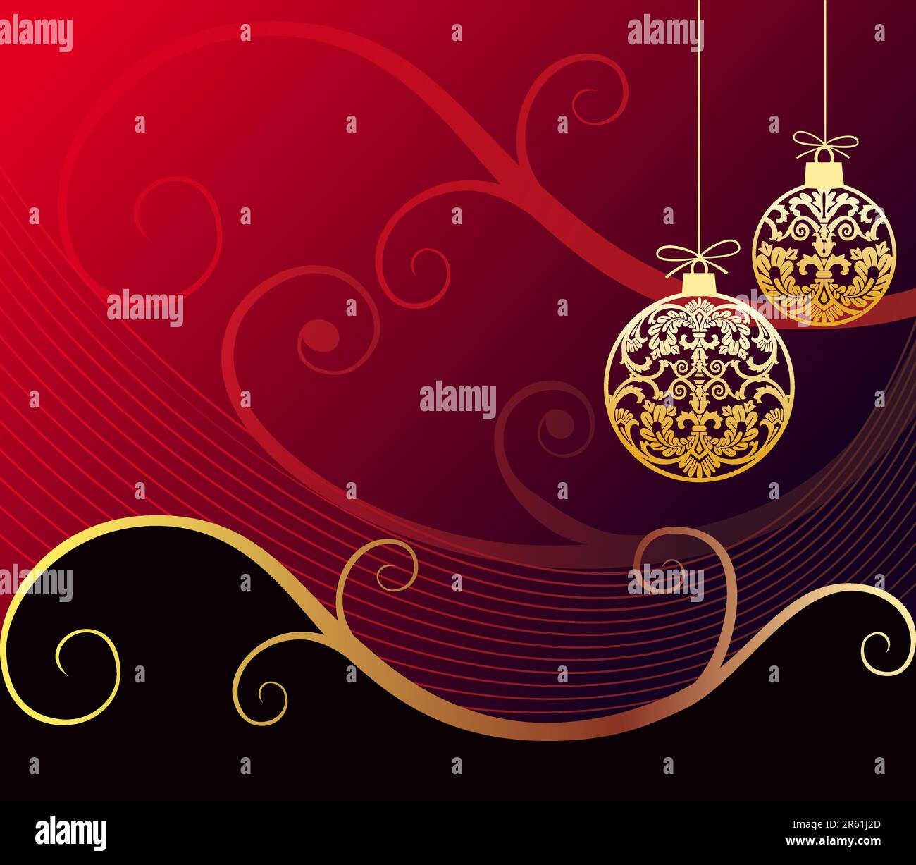 Palline di Natale con ornamenti barocchi dorati su sfondo rosso e spazio per testo, logo o design, tutti gli elementi sono separati per una facile modifica... Illustrazione Vettoriale