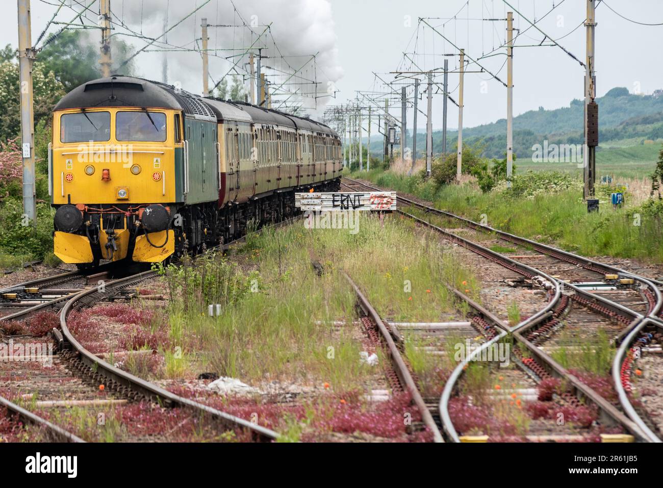 BR diesel Classe 47 numero 47614 a supporto della locomotiva a vapore LNER B1 Classe 61306 Mayflower che trasporta un'escursione Steam Dreams, lasciando Leigh on Sea Foto Stock