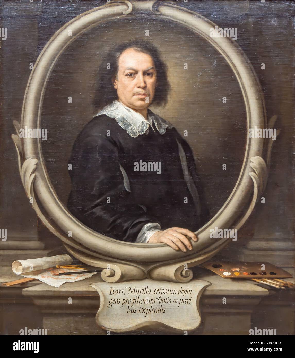 Autoritratto dipinto da Bartolome Esteban Murillo.Murillo si è dipinto all'interno di una cornice immaginaria, la sua mano destra emergendo dal bordo di pietra Foto Stock