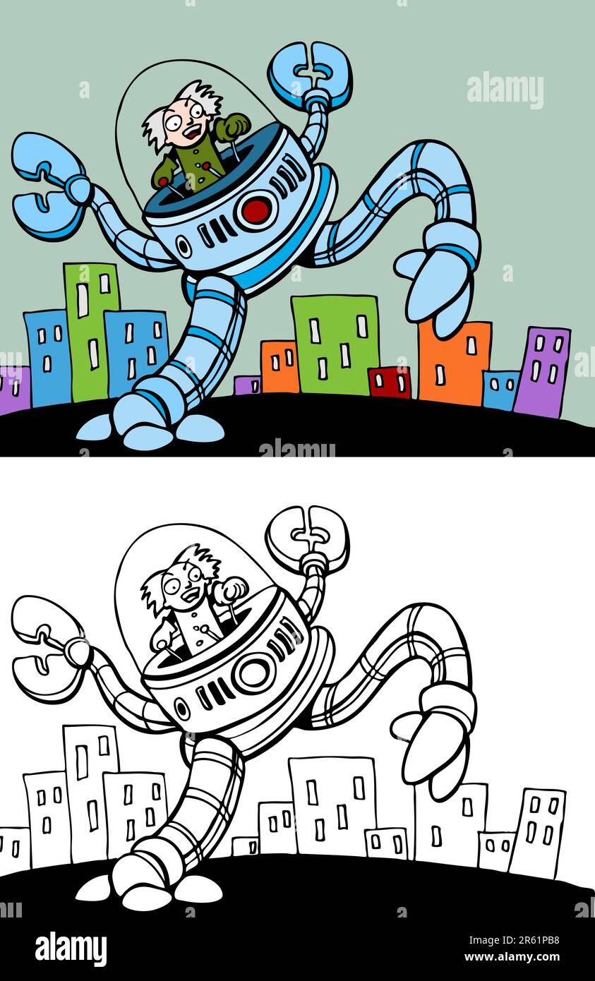 Cartoon immagine di uno scienziato pazzo in sella a un robot gigante - sia a colori sia in bianco e nero / bianco versioni. Illustrazione Vettoriale