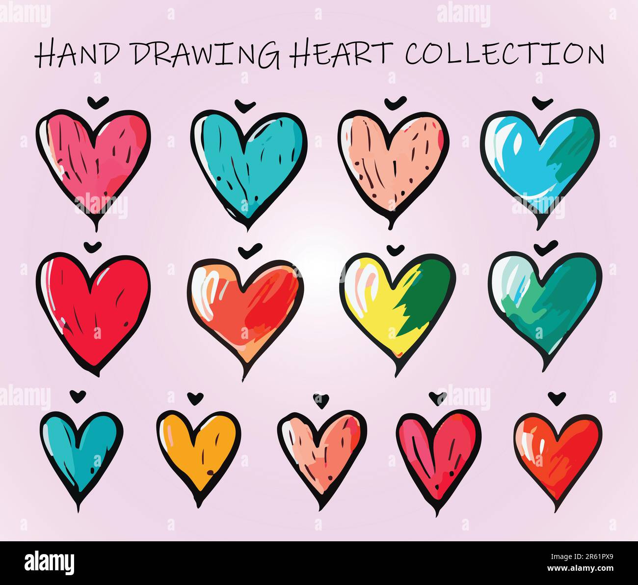 Mano disegno colorful Heart Collection. Illustrazione vettoriale in stile Doodle. Illustrazione Vettoriale