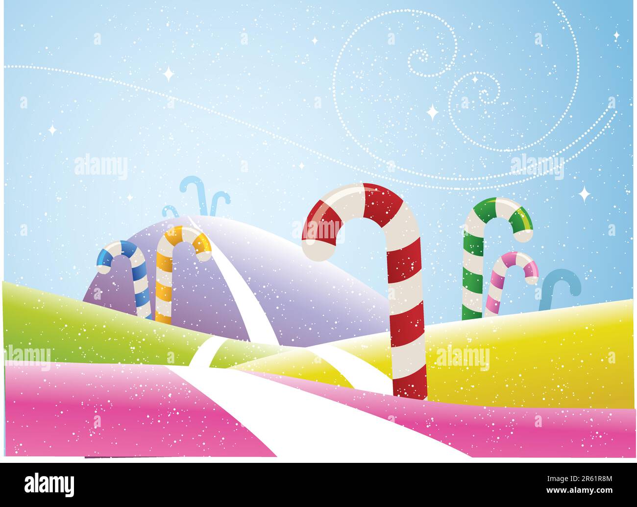 colorate canne di caramelle che crescono su una collina, mentre raffiche di neve cadono a terra. File PDF incluso. Illustrazione Vettoriale