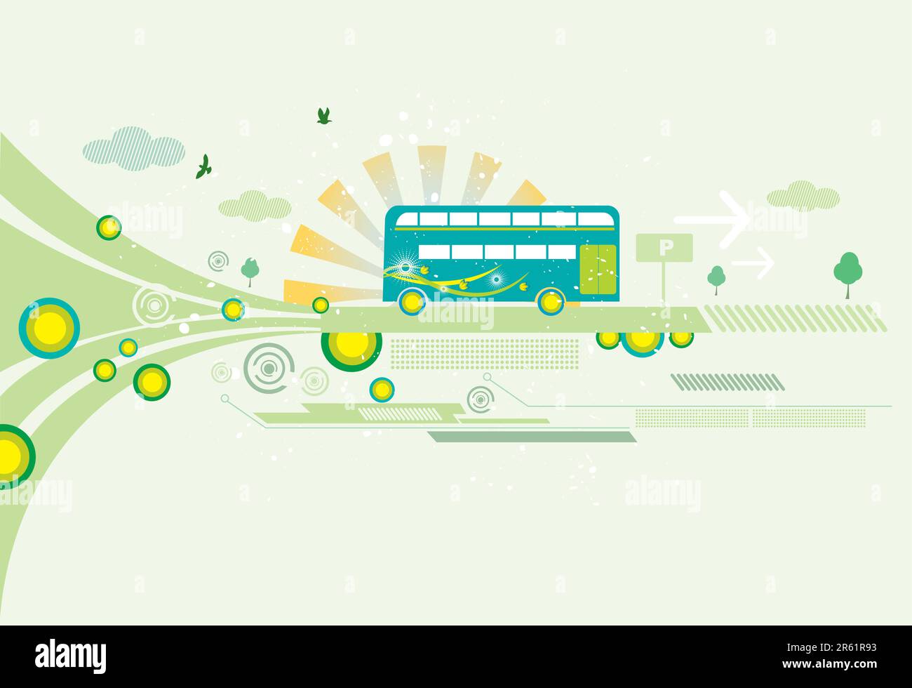 Un'illustrazione di un autobus colorato su una strada. Illustrazione Vettoriale