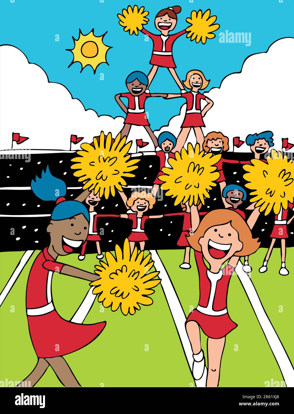 Team di cheerleaders in uniforme di formare una piramide in uno stadio di calcio evento. Illustrazione Vettoriale