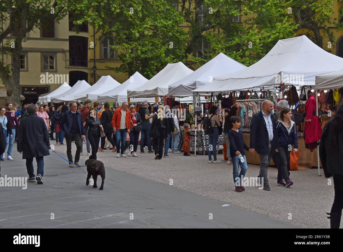 Le persone che navigano in bancarelle presso il mercato artigianale del cibo e dell'artigianato in Piazza Napoleone, Lucca, Toscana, Italia, aprile 2023 Foto Stock