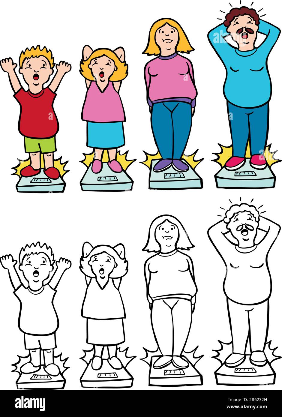 Genitori e figli preoccupati per ottenere un peso eccessivo - sia a colori sia in bianco e nero / bianco versioni. Illustrazione Vettoriale