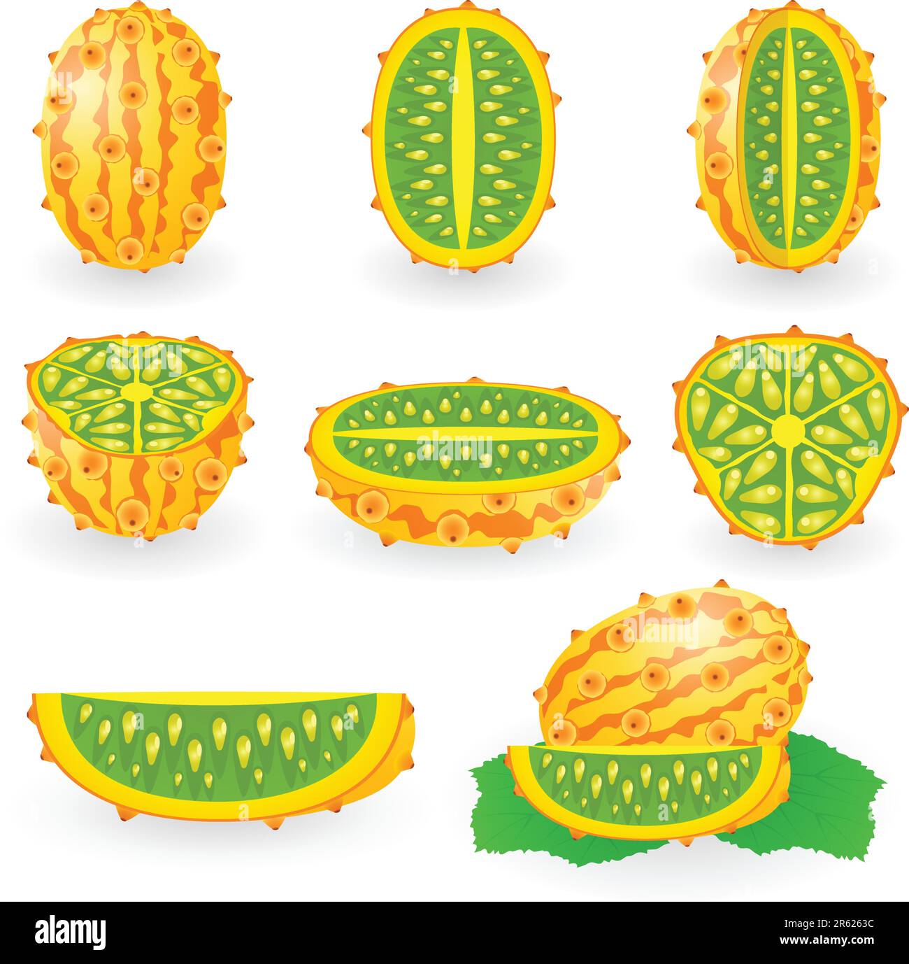 Illustrazione vettoriale del kiwano noto anche come melone cornuto africano o cetriolo, zucca coperta, pomodoro inglese, melano Illustrazione Vettoriale