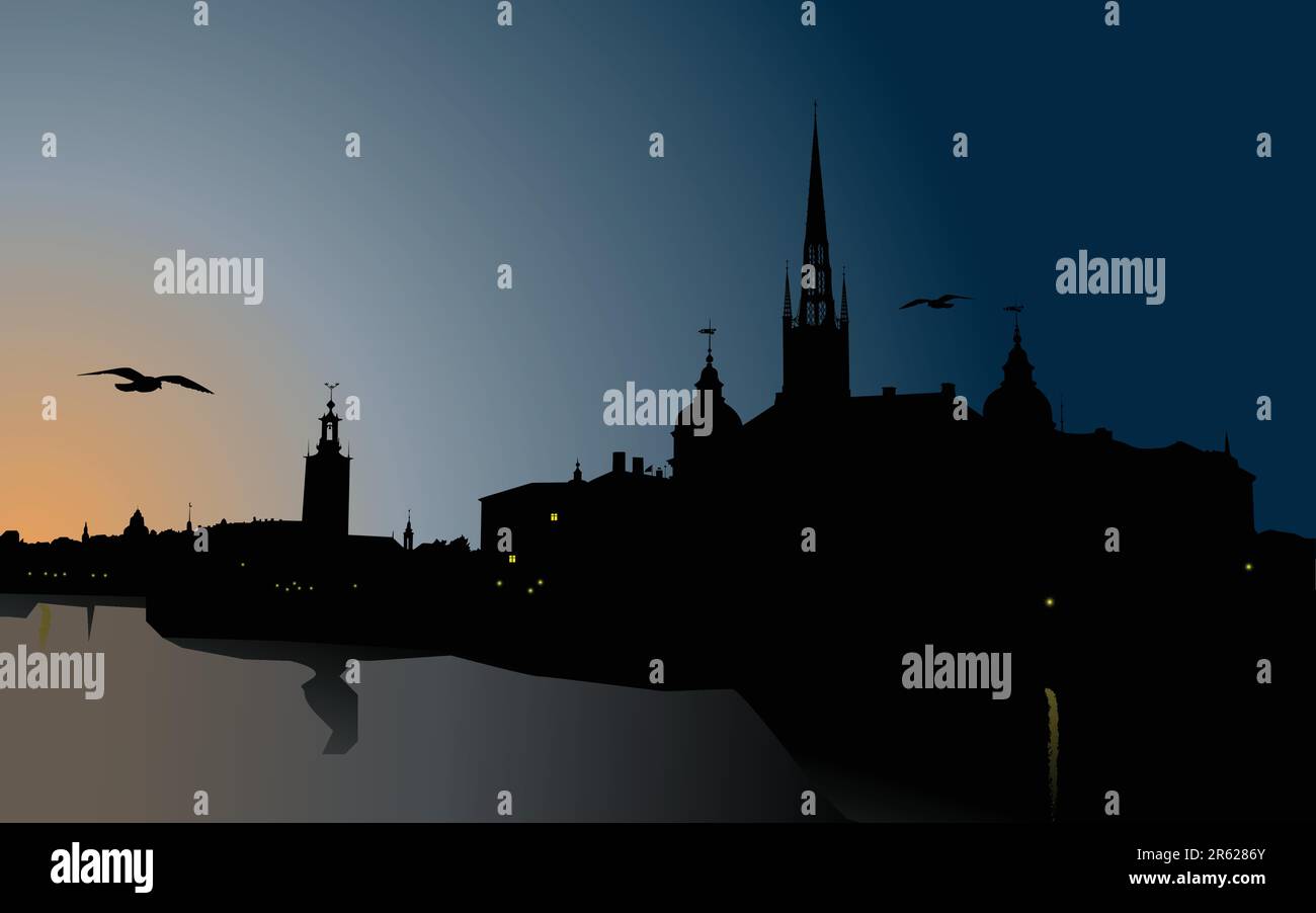 Silhouette di Stoccolma, il Municipio, la cattedrale di Riddarholm. Svezia Illustrazione Vettoriale