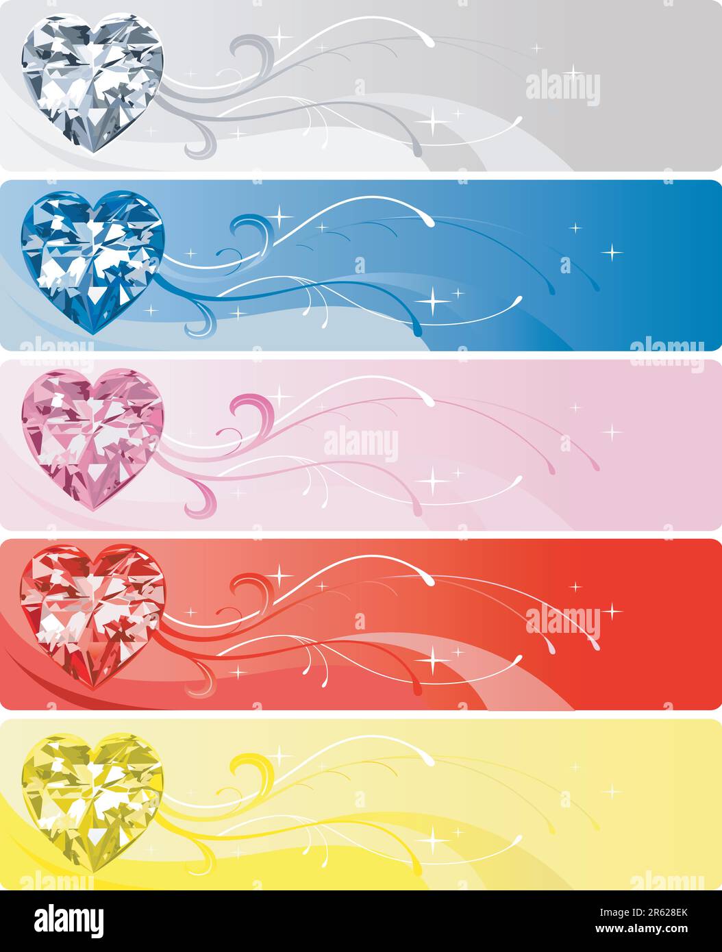 Illustrazione vettoriale di 5 Diamante o cuore di cristallo di banner. Illustrazione Vettoriale