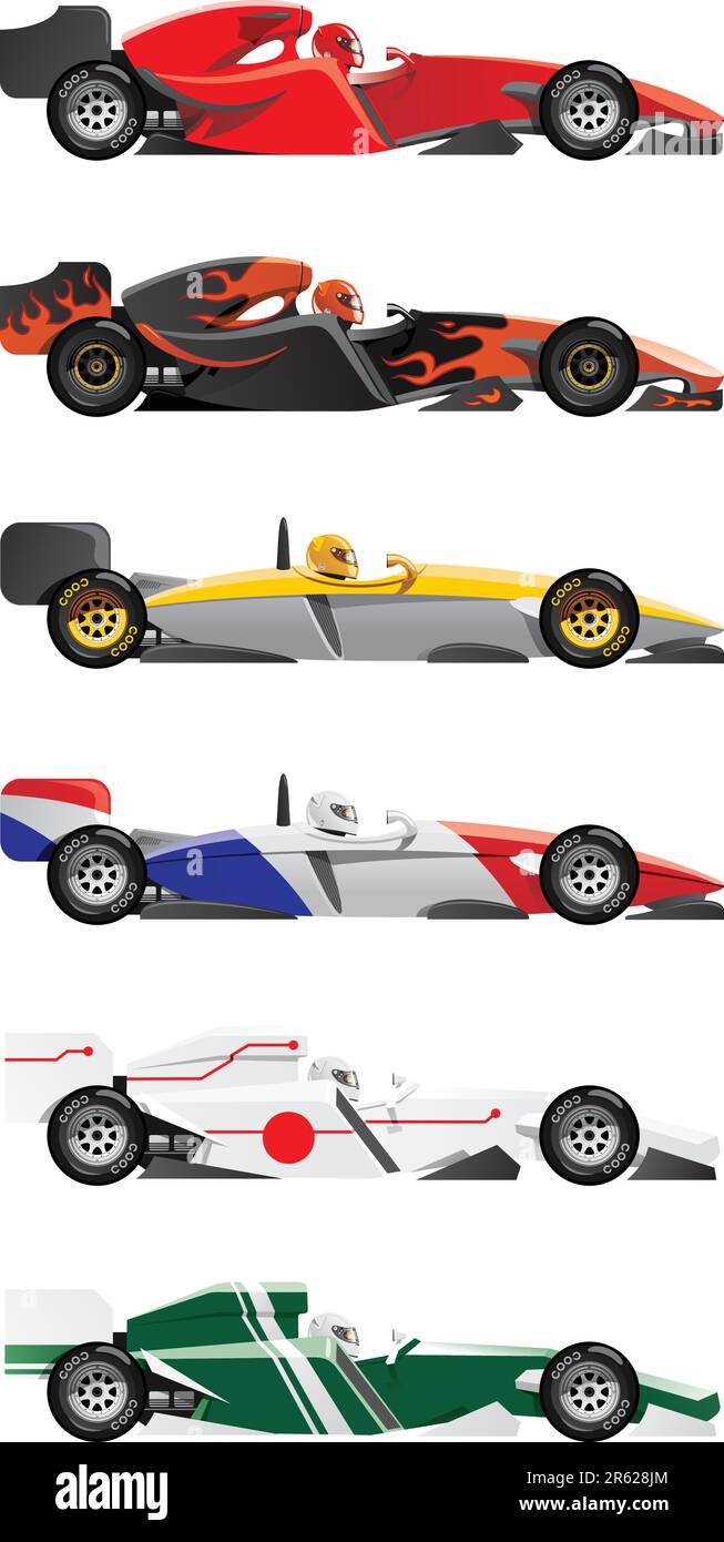 illustrazione vettoriale della formula 1. sei auto da corsa sportive (tre modelli diversi e sei colori) Illustrazione Vettoriale