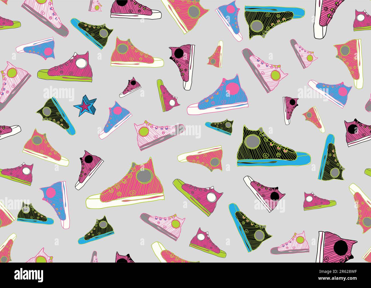 Retrò Seamless pattern fatta di raffreddare disegnati a mano scarpe sportive in diversi colori. Illustrazione Vettoriale Illustrazione Vettoriale