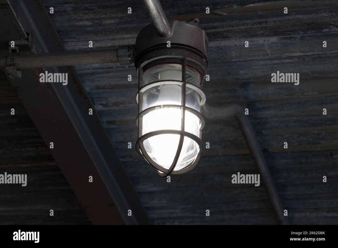 Primo piano di una lampadina a LED illuminata sospesa all'interno di una gabbia industriale da un pannello del tetto in acciaio galvanizzato ondulato Foto Stock