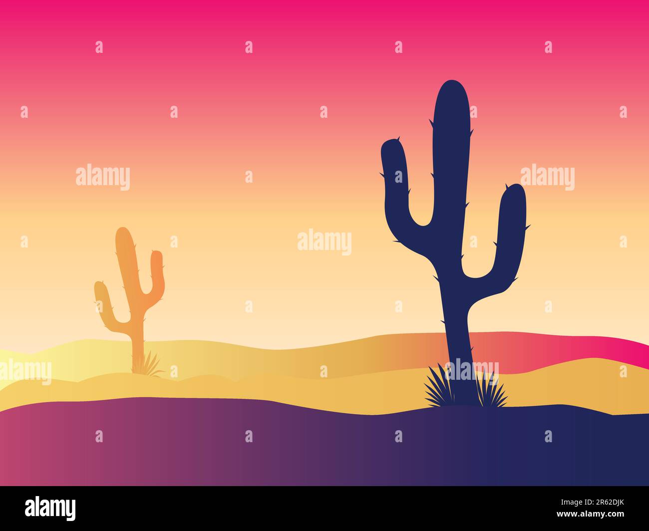 Scena con piante di cactus del deserto e erbacce. Tramonto nel deserto. Illustrazione vettoriale. Illustrazione Vettoriale