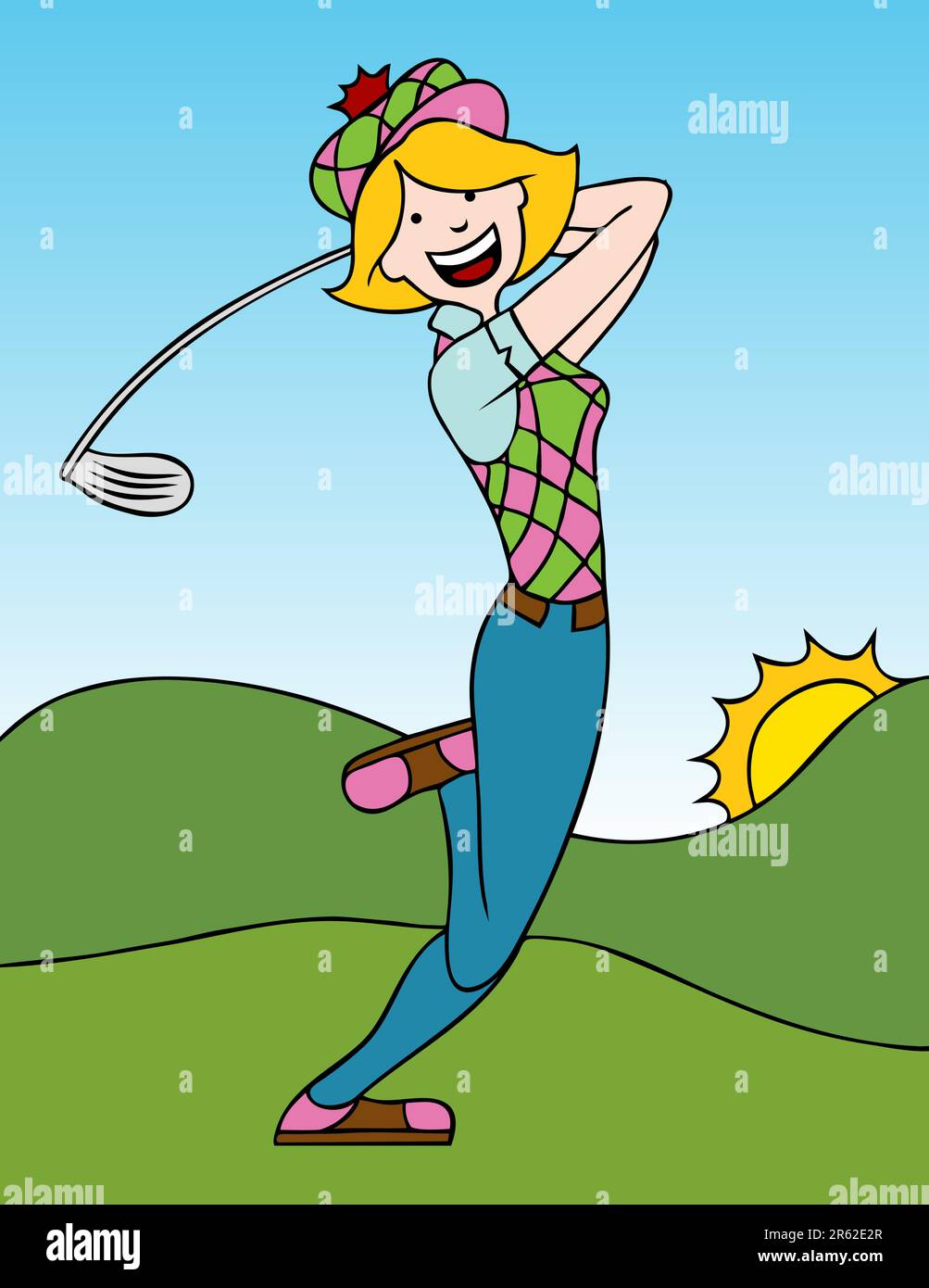 Cartoon di una donna di oscillazione un golf club sul corso. Illustrazione Vettoriale