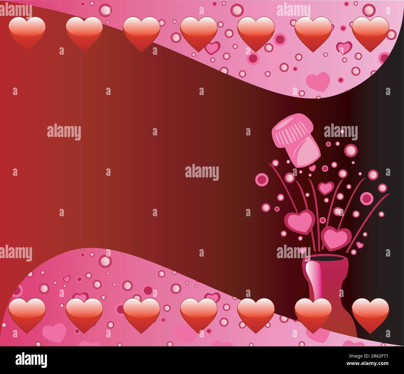 Vettore sfondo di San Valentino con schioccato in bottiglia di Champagne bolle e cuori. Illustrazione Vettoriale