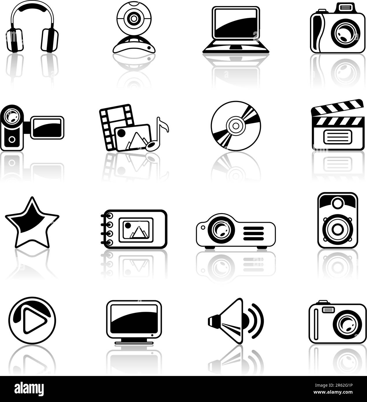 Set di icone nere per foto e video Illustrazione Vettoriale