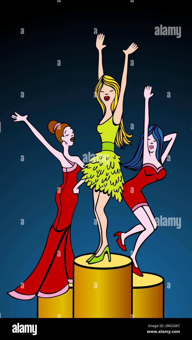 Cartoni animati di donne che ballano insieme sui podi. Illustrazione Vettoriale