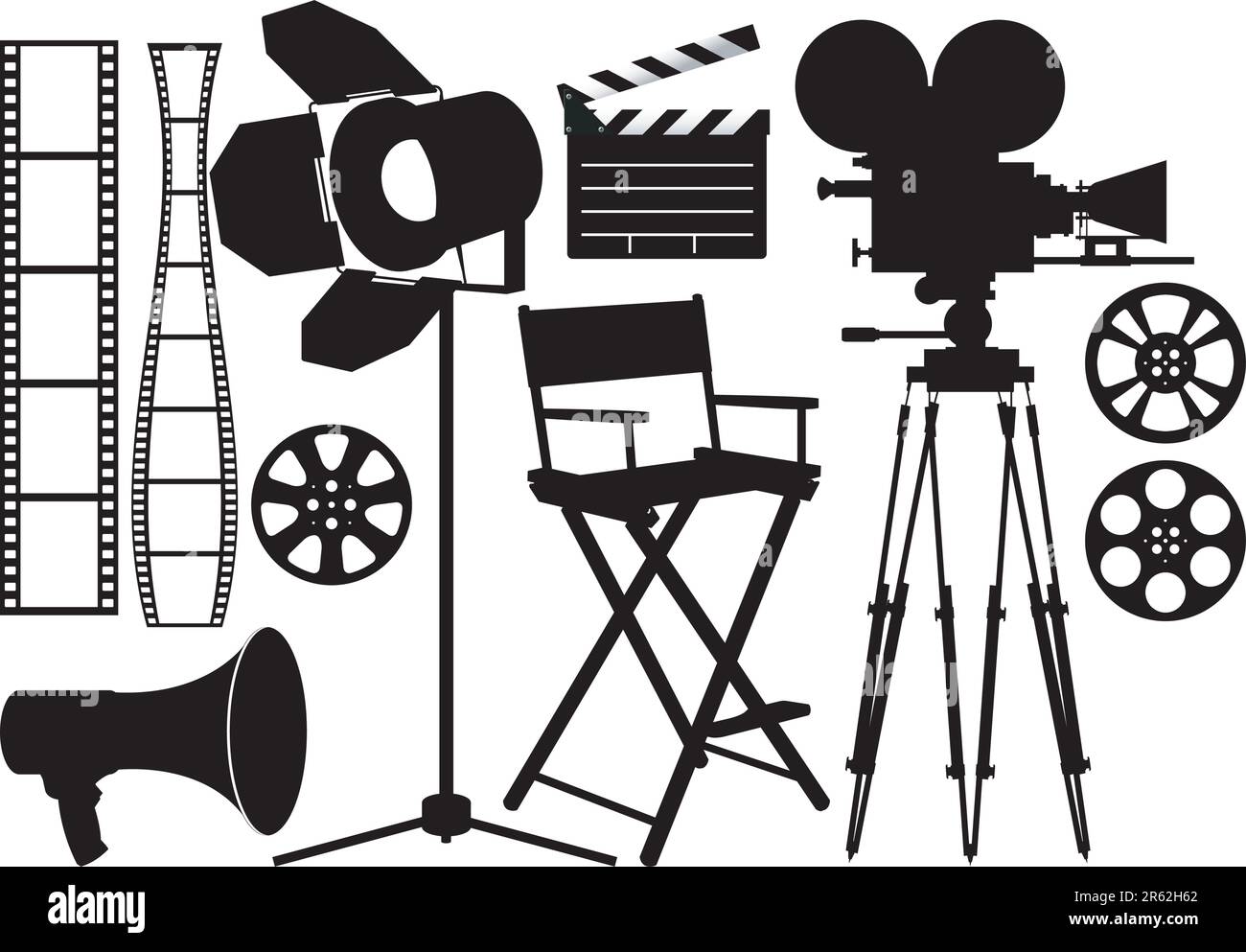 Icone della silhouette dell'industria cinematografica sul bianco Illustrazione Vettoriale