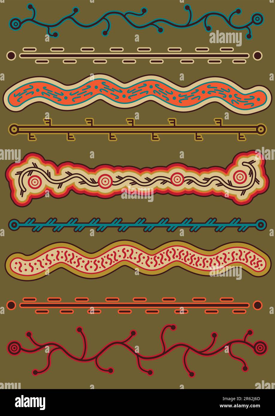 Modello vettoriale che include motivi etnici australiani con elementi tipici multicolori Illustrazione Vettoriale