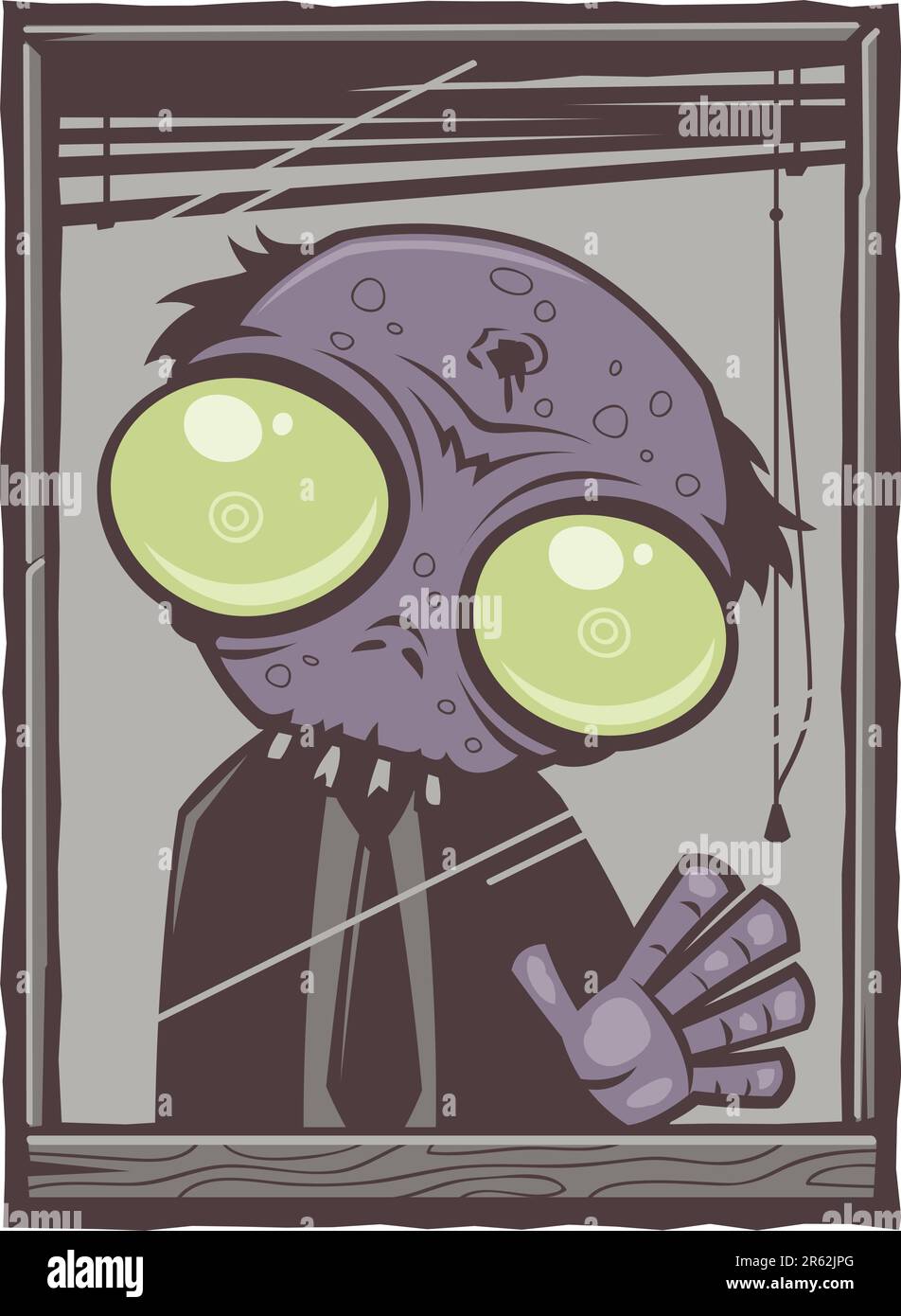 Triste piccolo zombie da ufficio con grandi occhi verdi che guardano fuori dalla finestra con la mano premuta contro il vetro. Illustrazione Vettoriale