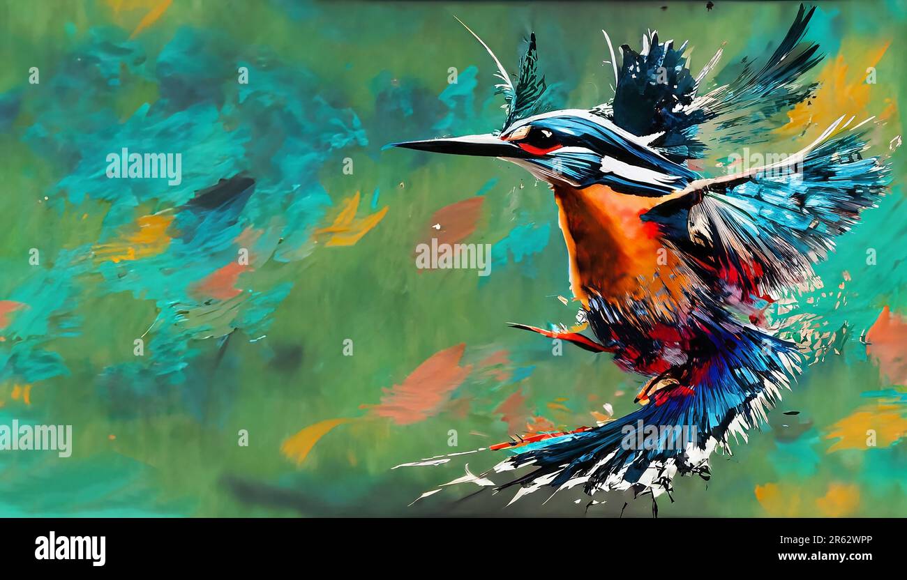 Uccello astratto in volo kingfisher dipinse in colori dinamici Foto Stock