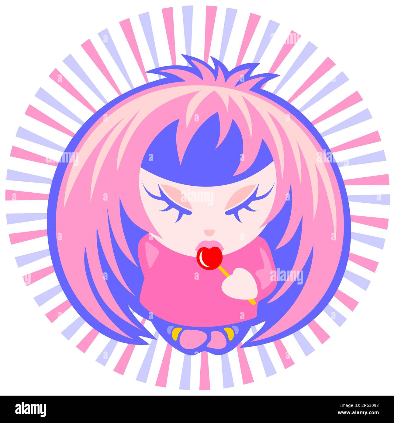 Emo girl dei cartoni animati con caramelle isolate su uno sfondo a righe bianche. Illustrazione Vettoriale