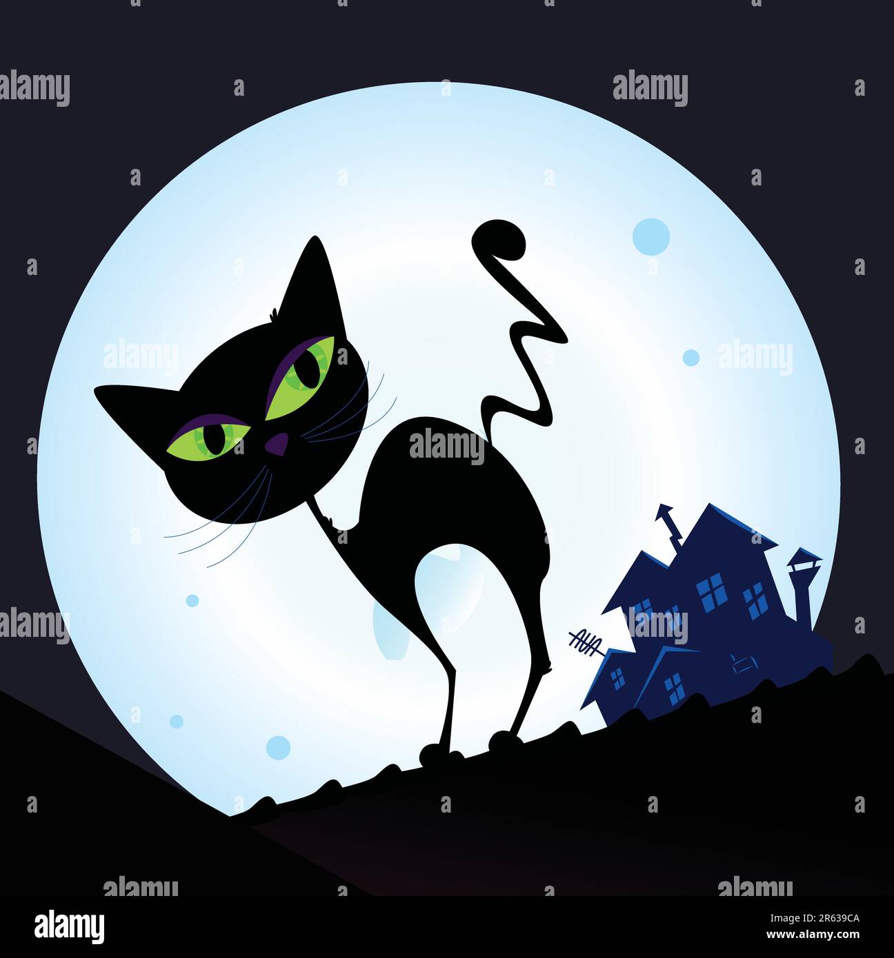 Silhouette di gatto nero con occhi verdi sul tetto. Città notturna con luna piena sullo sfondo. Illustrazione vettoriale. Illustrazione Vettoriale