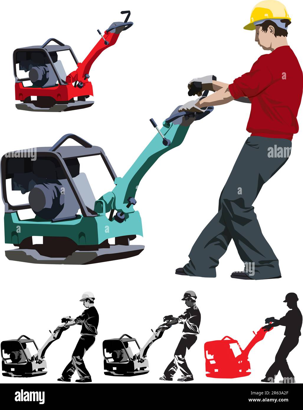 Illustrazione Vettoriale di lavoratore edile lavora con compattatore Illustrazione Vettoriale