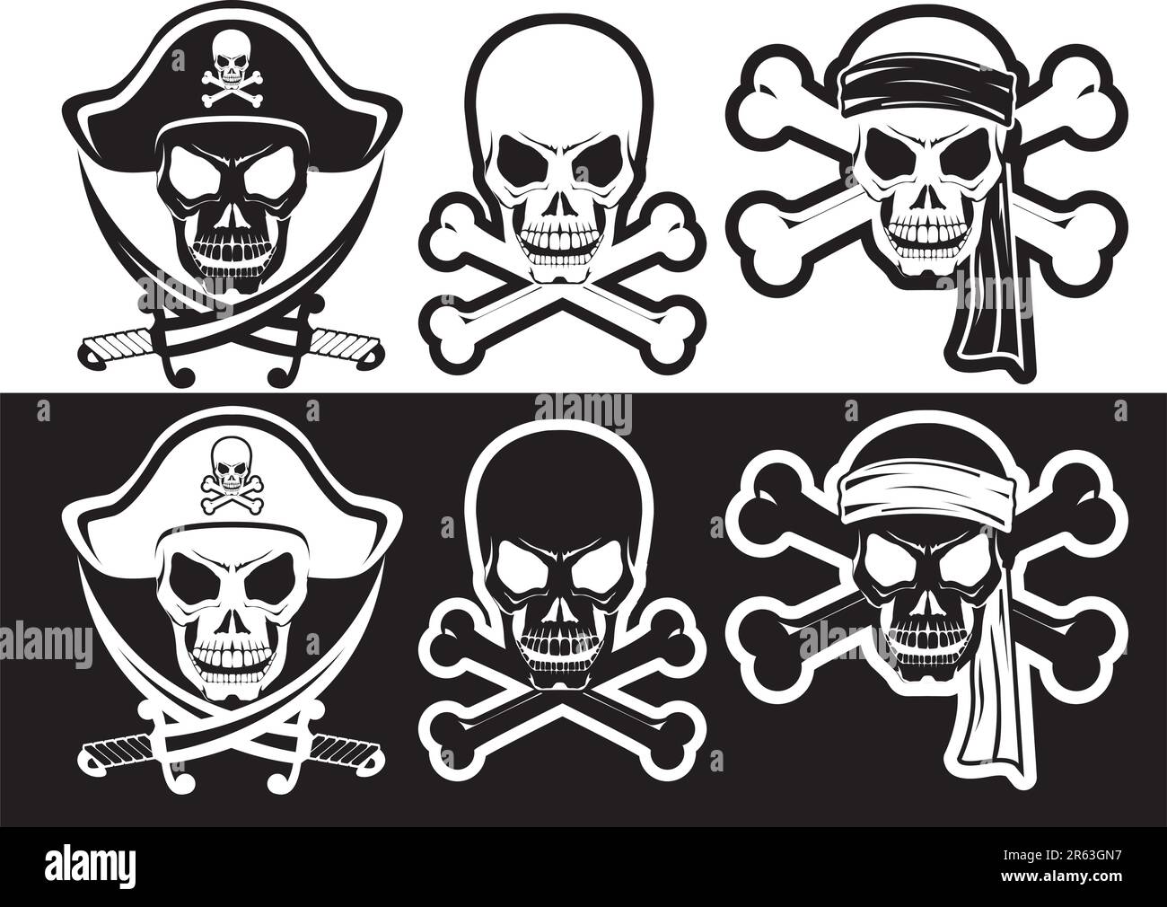 Jolly Roger, Pirate Attractions, Skull e Crossbones silhouette Illustrazione Vettoriale