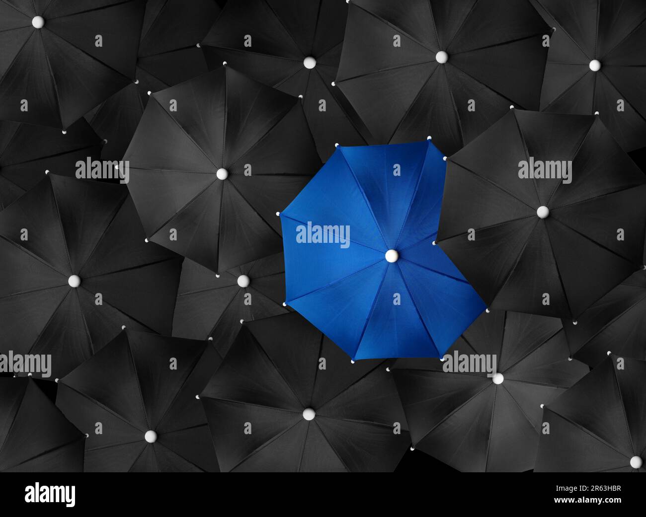 Immagine concettuale con un sacco di ombrelli neri e un ombrello blu che si distingue, essere unico Foto Stock