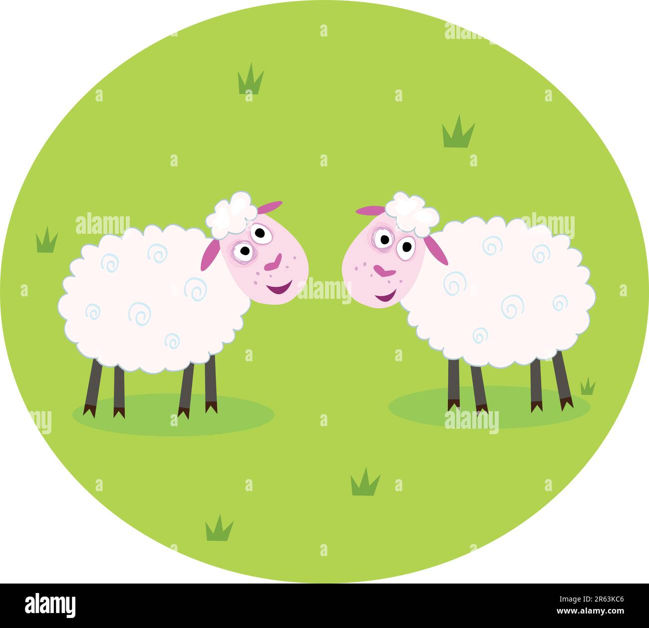 Illustrazione vettoriale stilizzata di due pecore bianche su prato verde. Si guardano. Illustrazione Vettoriale