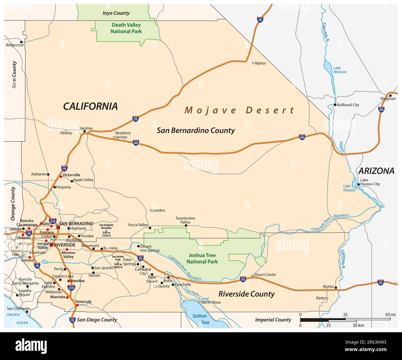 Mappa stradale vettoriale della regione dell'Inland Empire della California, Stati Uniti Foto Stock