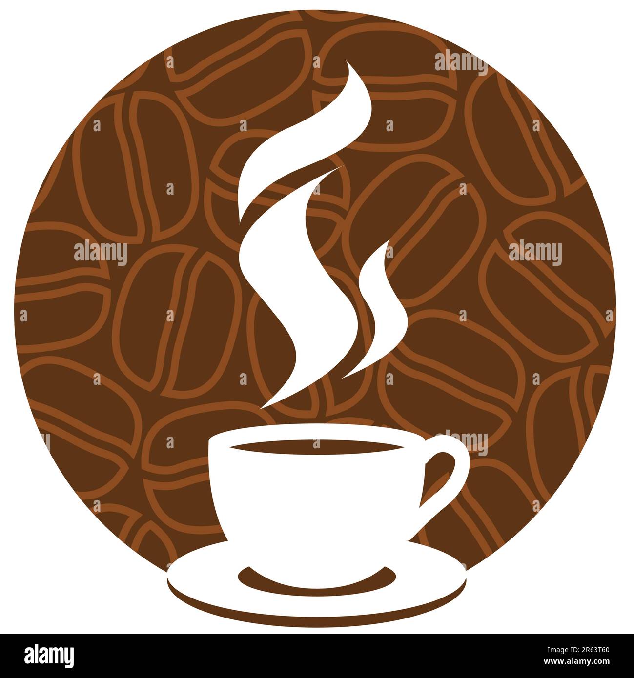 Tazza da caffè con aroma steam su uno sfondo marrone con i chicchi di caffè. Illustrazione Vettoriale