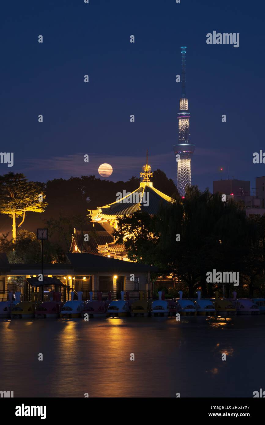 Ueno Shinobazunoike Pond Benten Hall e super luna Foto Stock