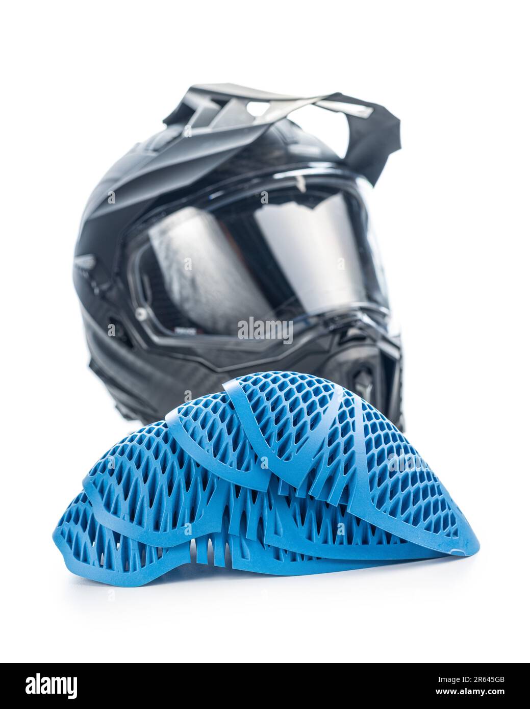 Protezioni blu per moto. Protezioni per gomito e spalle isolate su sfondo bianco. Foto Stock