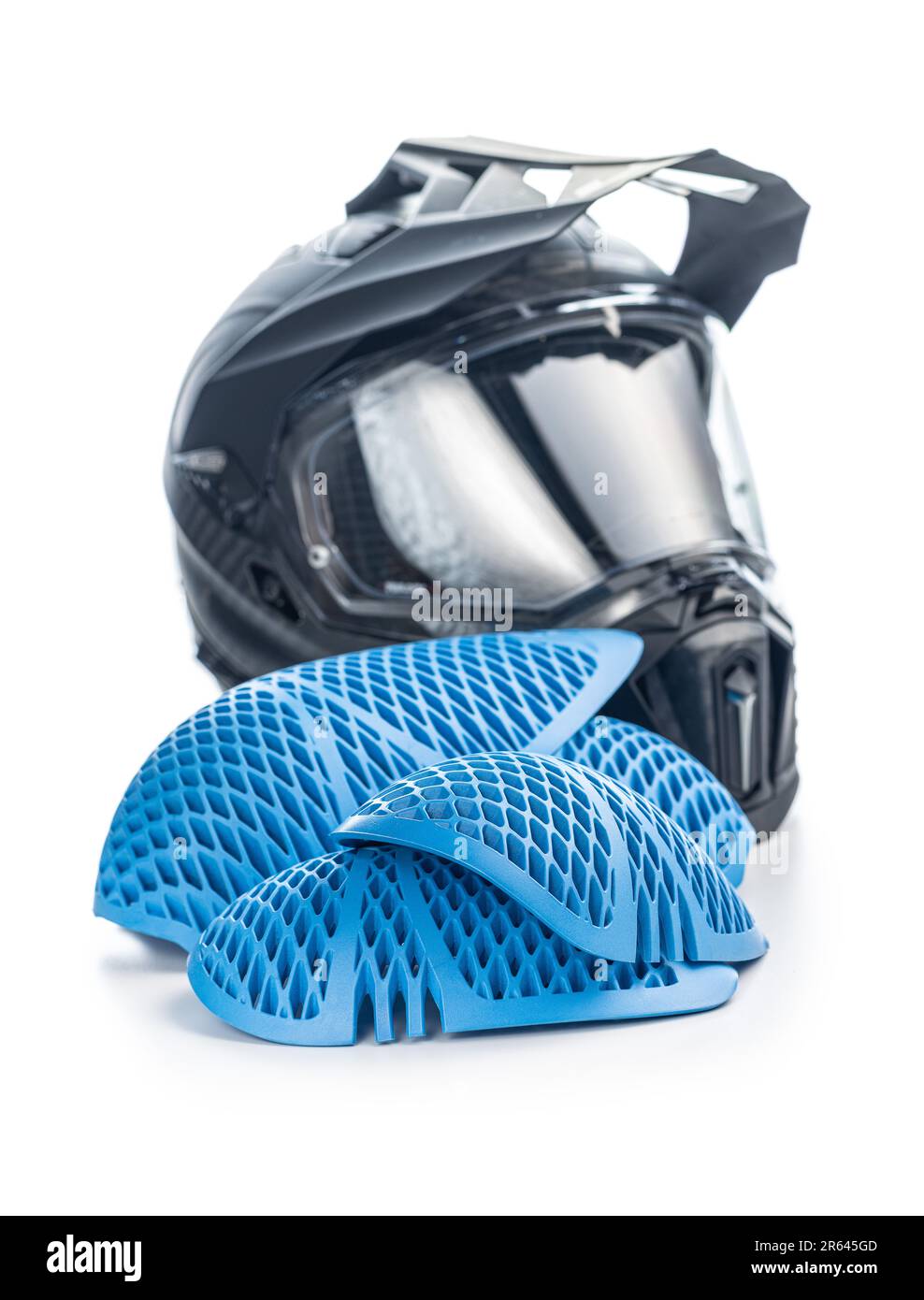 Protezioni blu per moto. Protezioni per gomito e spalle isolate su sfondo bianco. Foto Stock