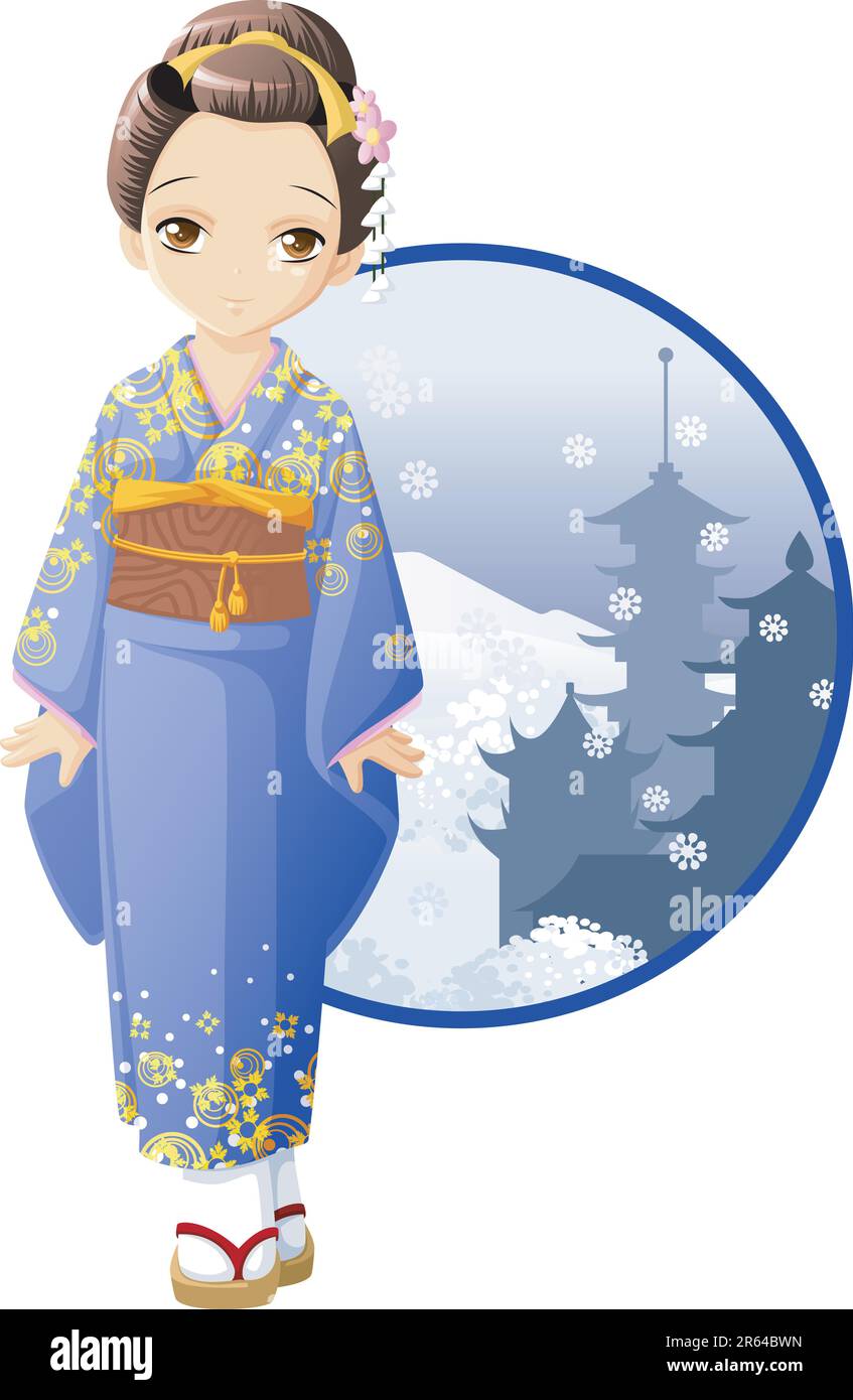 Set di adesivi anime manga girl in kimono e ombrello. Illustrazione del  vettore Cartoon Immagine e Vettoriale - Alamy