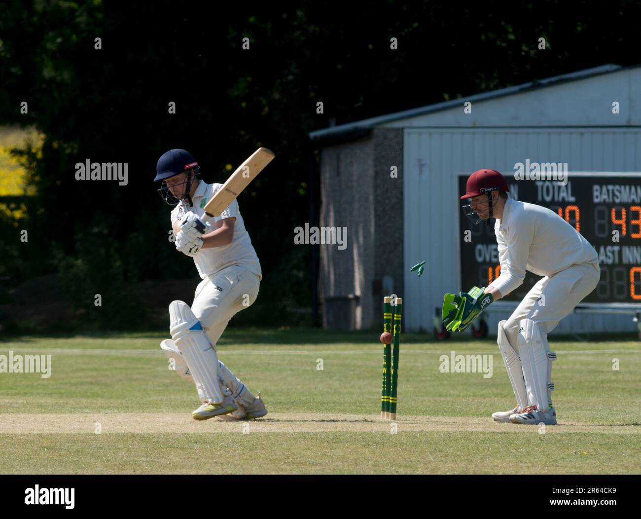 Cricket Village a Norton Lindsey, batsman bowled out, Warwickshire, Inghilterra, Regno Unito Foto Stock