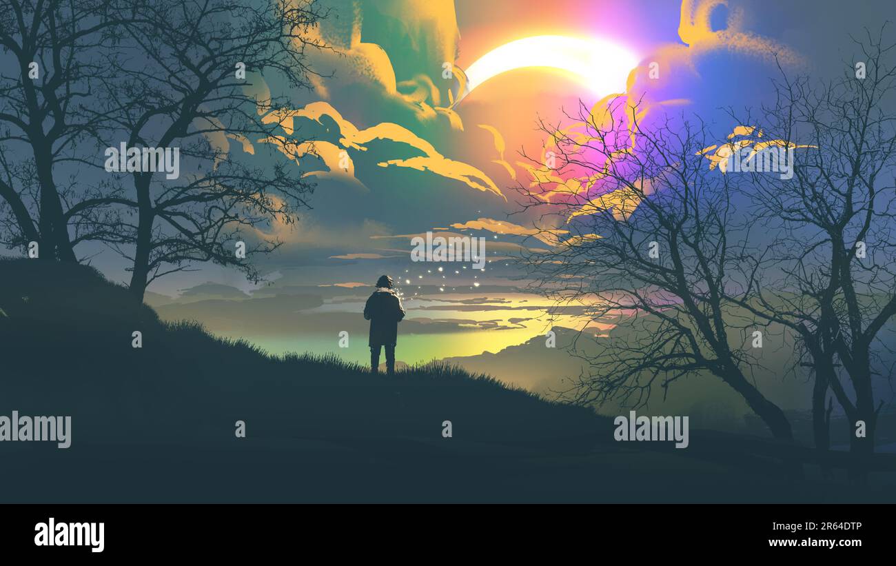 uomo in piedi sulla collina che guarda il colorato cielo notturno, lo stile dell'arte digitale, la pittura d'illustrazione Foto Stock