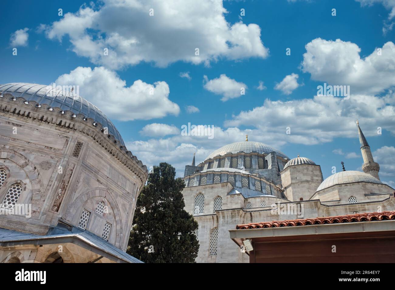 Basso angolo colpo di Mausoleo di Suleiman la magnifica e Moschea Suleymaniye, Istanbul, Turchia Foto Stock