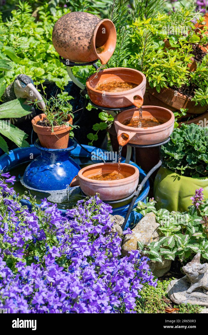 Piccolo giardino urbano con acqua a energia solare in primo piano Foto Stock