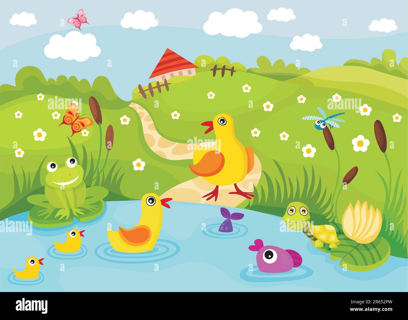 illustrazione vettoriale di un laghetto carino Illustrazione Vettoriale