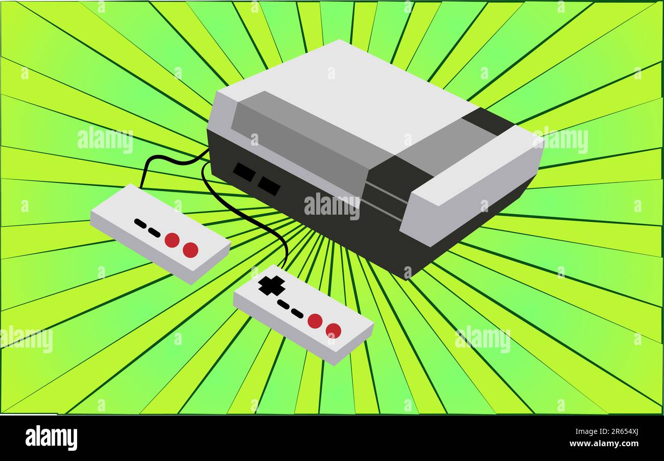 Console di gioco elettronica retrò antico hipster con joystick degli anni '70s, 80s, 90s, 2000s su uno sfondo di astratti raggi verdi. Vettore ill Illustrazione Vettoriale