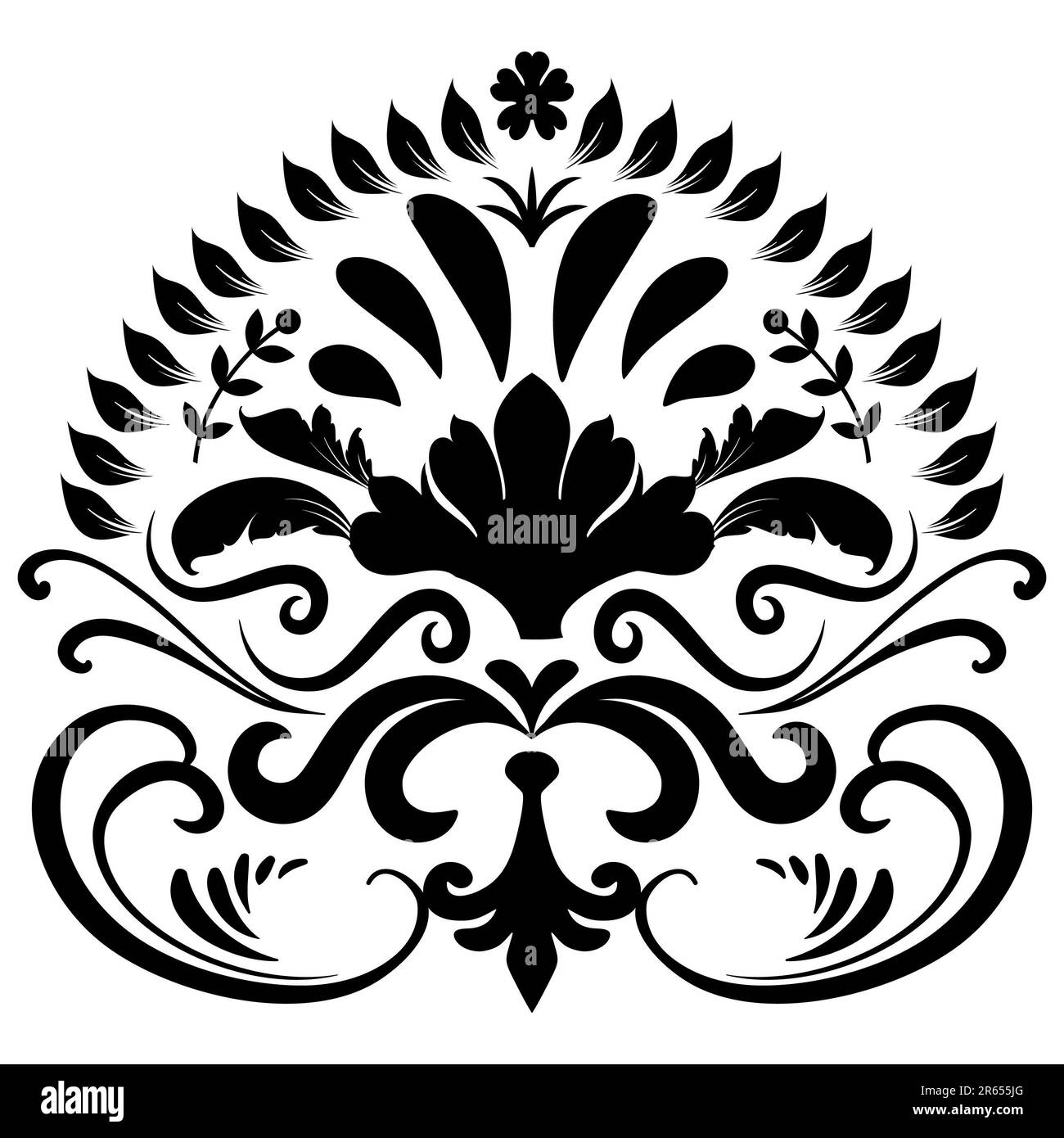 Ornamento barocco damascato vintage con stile antico retrò floreale. Acanthus modello fogliame swirl design elemento decorazione matrimonio. Isolato su bianco b Foto Stock